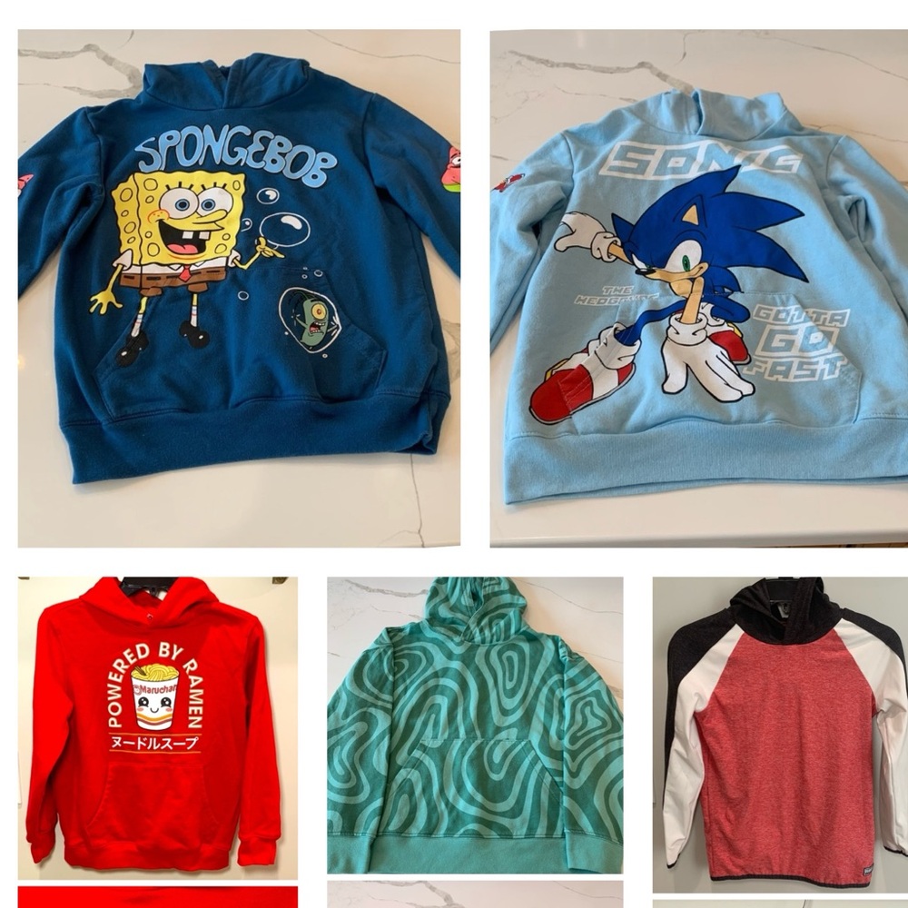 Bundle of 5 Boys Hoodies Size L / 10 - Sppngebob, Sonic, OshKosh, etc. GUC